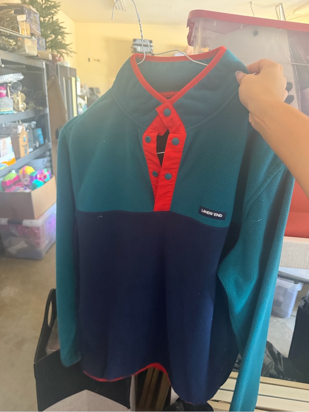 Lands' End Teal & Navy Fleece Pullover with Red Snap-Placket